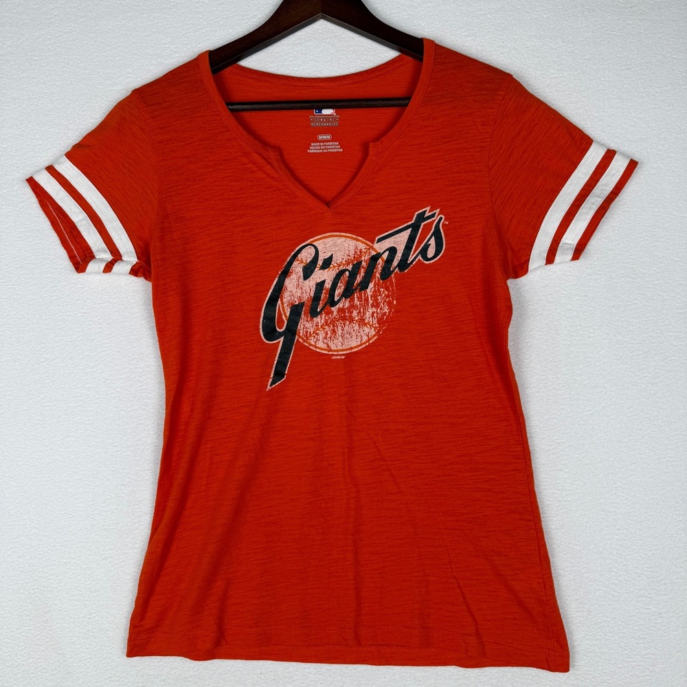 MLB San Francisco Giants Womens M V-Neck Glitter Graphic T-Shirt Varsity Stripe